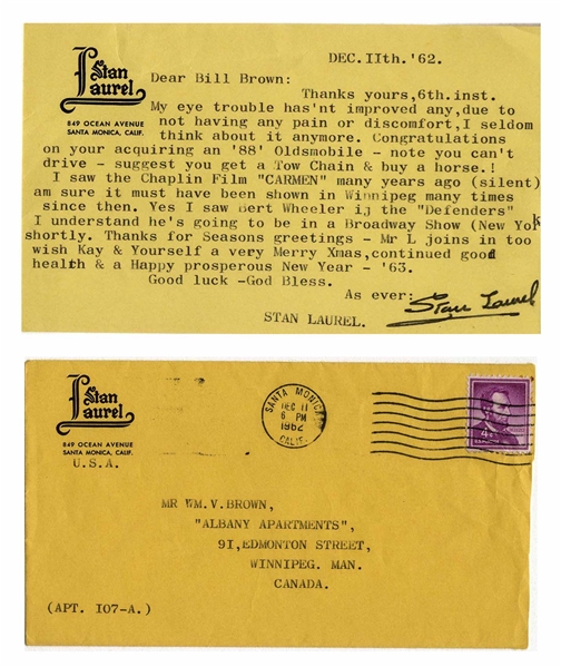Stan Laurel Letter Signed With His Full Name, ''Stan Laurel'' -- ''...I saw the Chaplin Film 'CARMEN' many years ago (silent)...''
